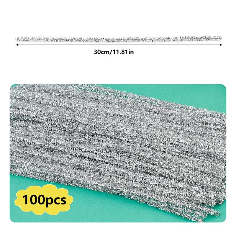 Iuuidu 100 Pcs Pipe Cleaners Chenille Stem  Glitter Silver Craft Pipe Cleaners DIY Craft Fuzzy Sticks Pipe Cleaners Bulk for Creative Handmade DIY Art Craft and Crafts Project Decoration Supplies - Image 2